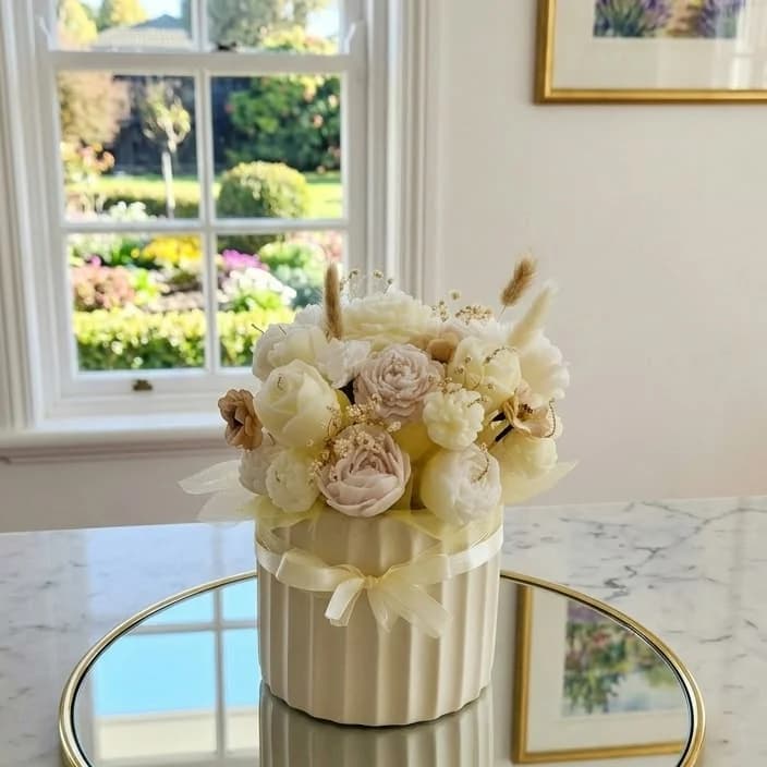 Flower candle arrangement in a ribbed ceramic pot