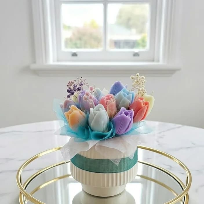 Tulip candle bouquet in a ceramic pot