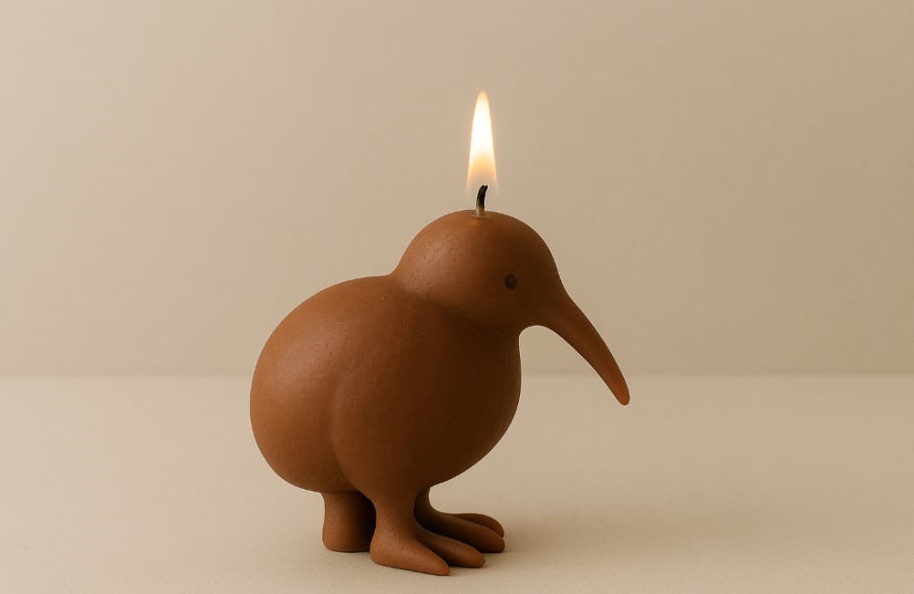 Handcrafted kiwi-shaped candle on natural linen